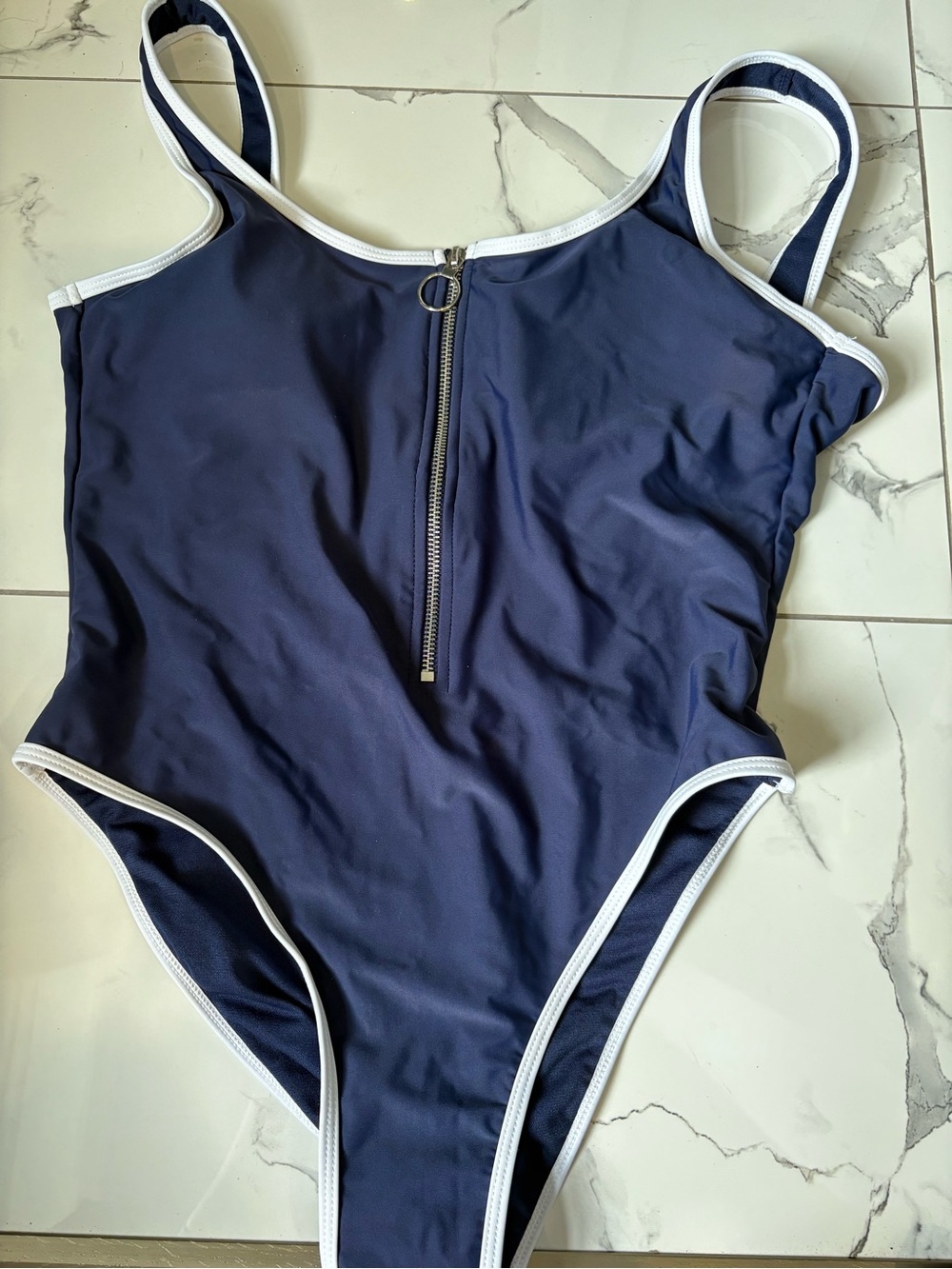 Ardene Navy One-Piece Swimsuit with White Trim and Front Zip